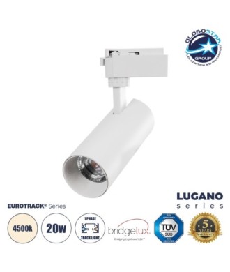 GloboStar® LUGANO 60807 Μονοφασικό Φωτιστικό Σποτ Ράγας LED 20W 2500lm 36° Acrylic HQ LENS AC 220-240V IP20 Φ6.5 x Υ22cm Φυσικό Λευκό 4500K - EUROTRACK® System 1L+1N - Λευκό - Bridgelux Chip - TÜV Certified Driver - 5 Χρόνια Εγγύηση